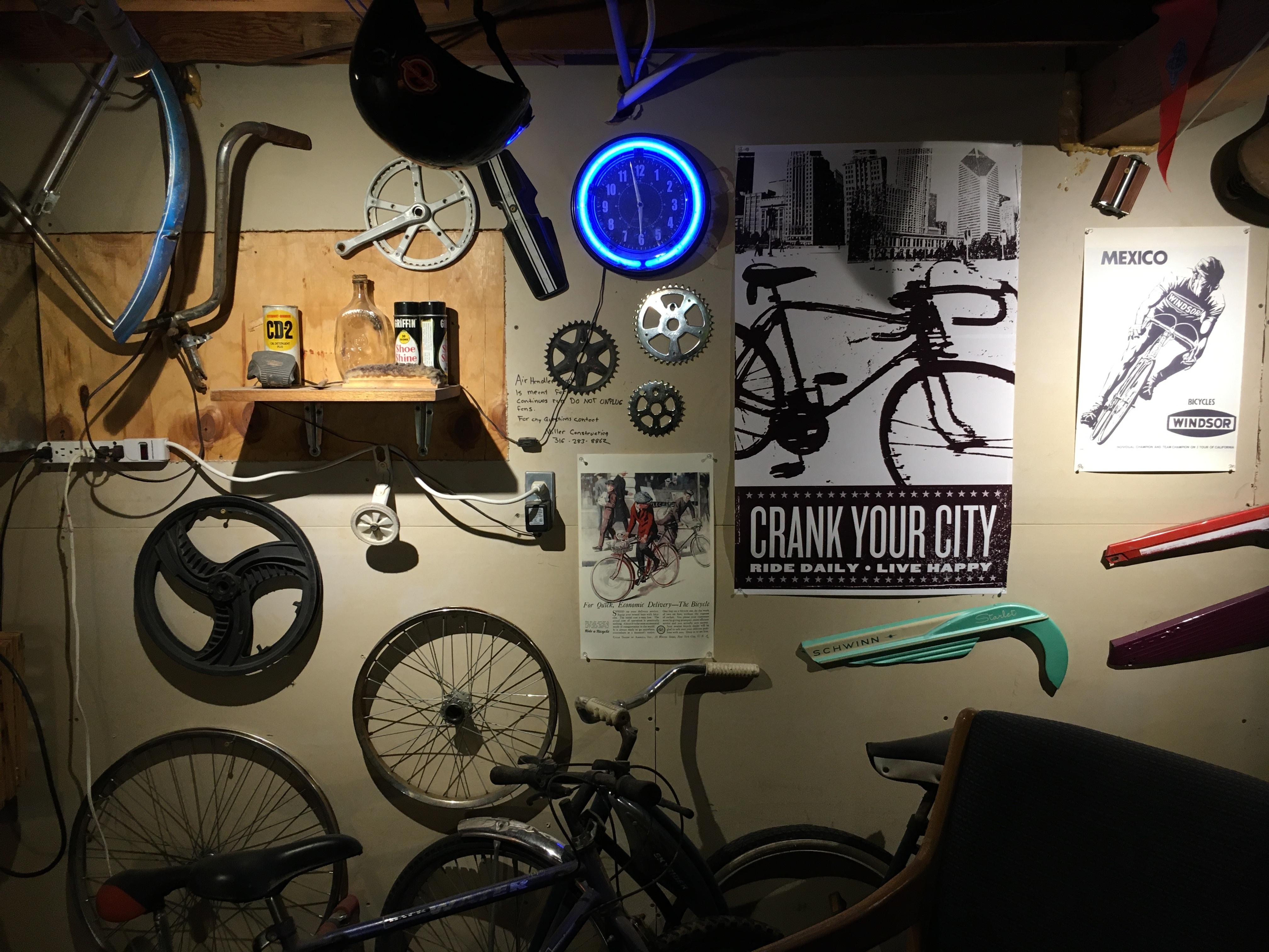 A wall of bike parts