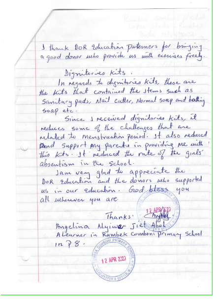 A handwritten note by a student from Loreto Rumbek school in South Sudan talking about the impact donors have had on their education. 