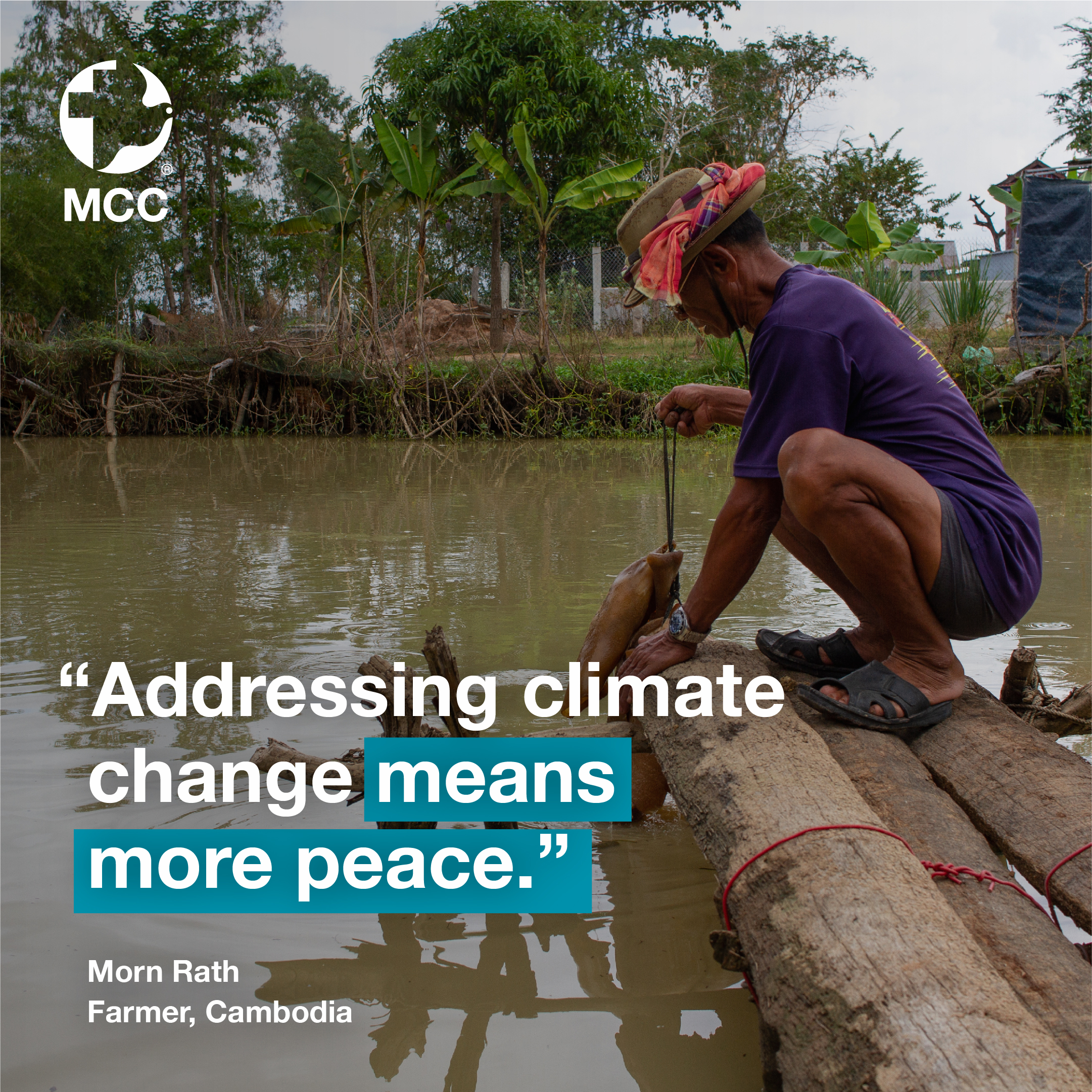 A social media graphic that reads "Addressing climate change means more peace"
