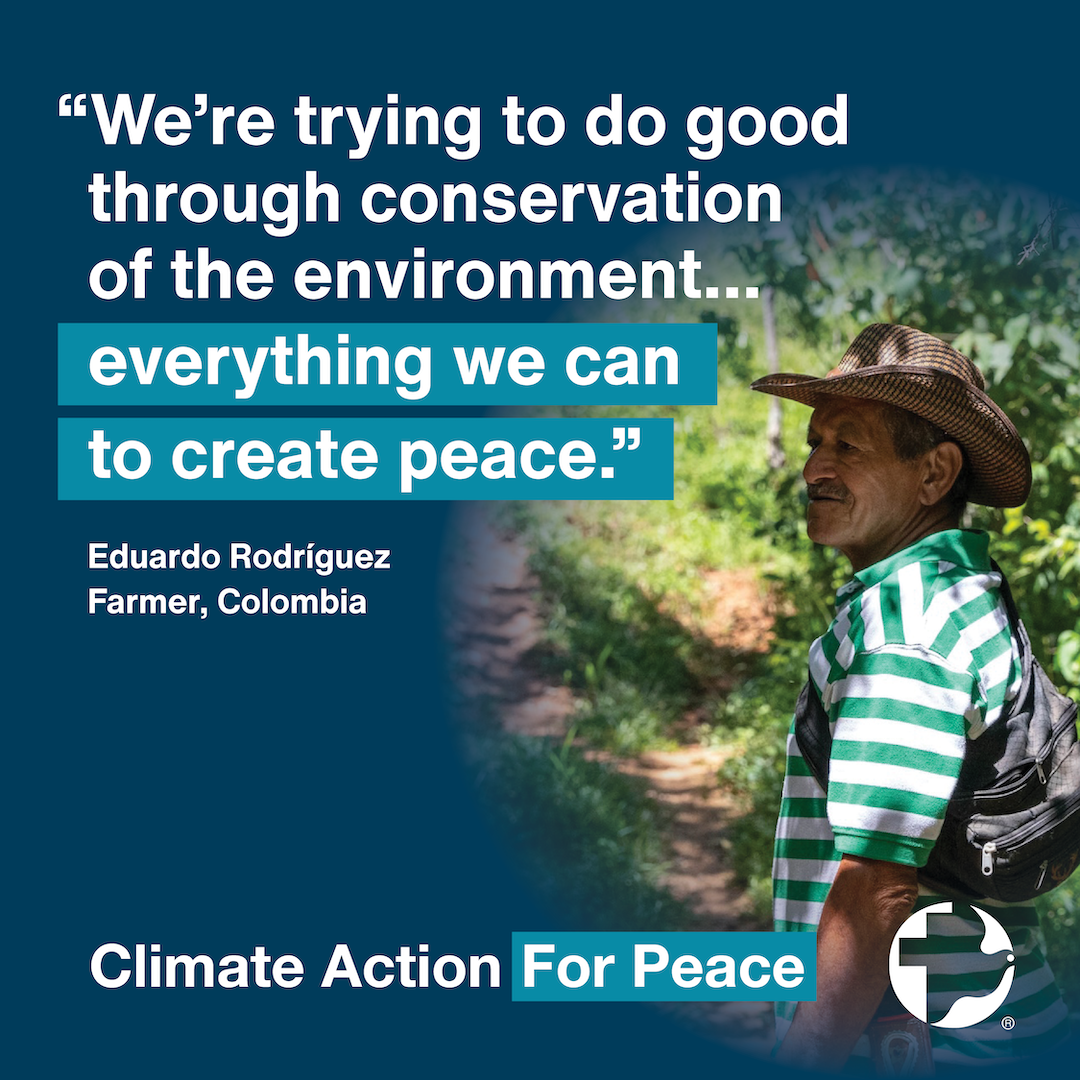 A social media graphic with the image of a man looking into a forest that reads "We're trying to do good through conservation of the environment...everything we can to create peace."