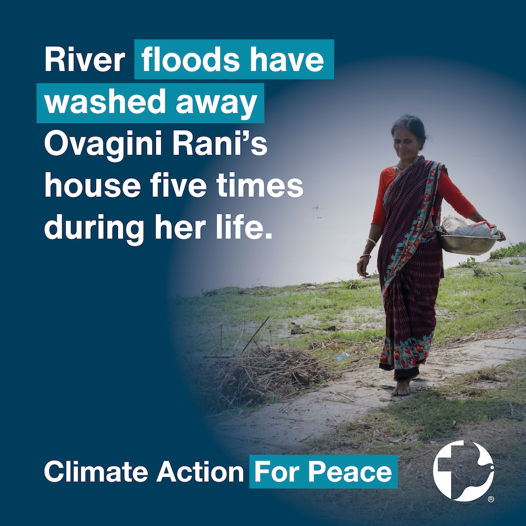 A social media graphic of a woman walking by a river that reads "River floods have washed away Ovagini Rani's house five times during her life"
