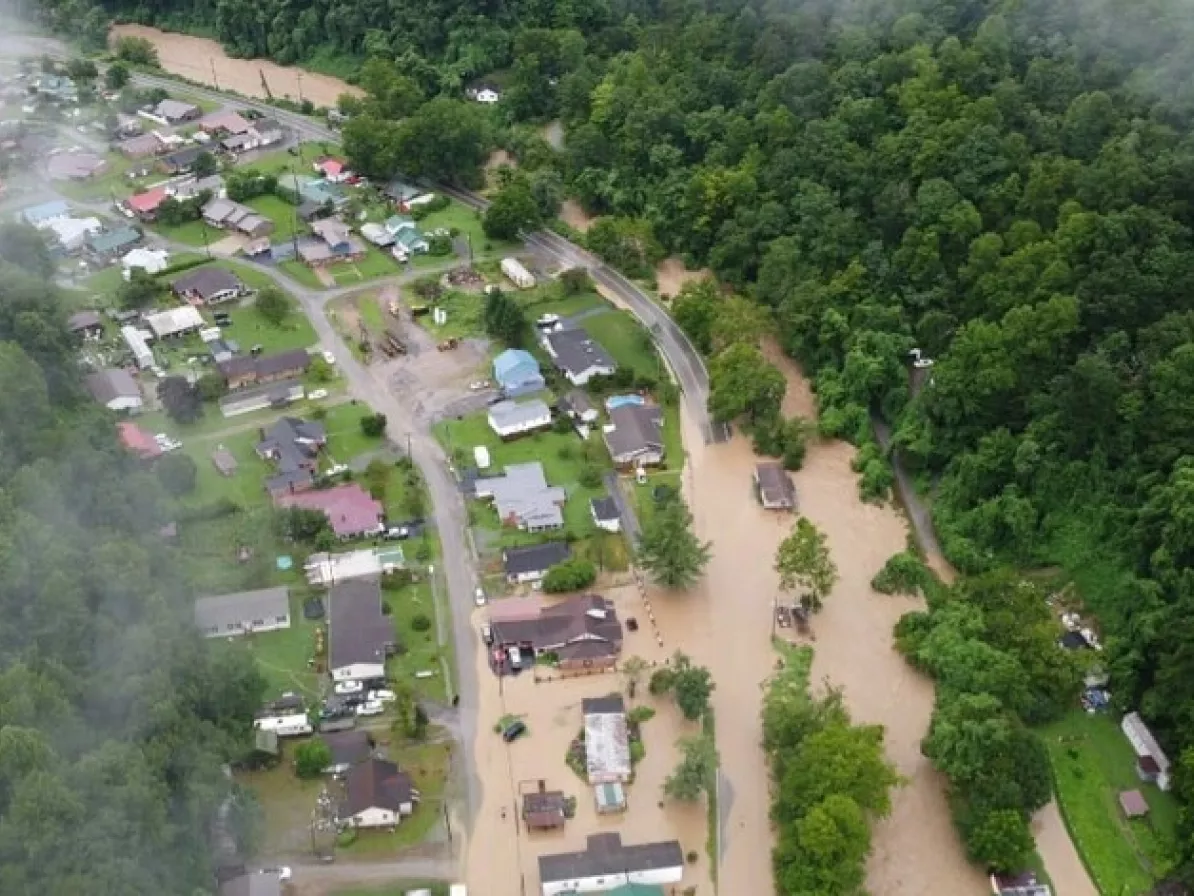 Drone footage of a town during a flood