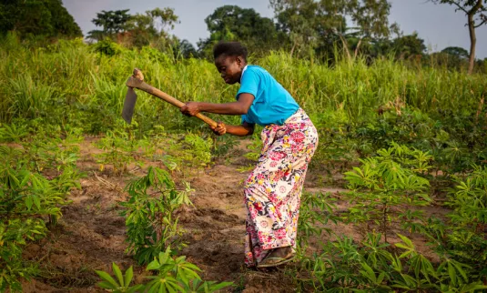 Germaine Kambundi, 46, works in her field where she grows cassava leaves like other displaced people living in Kanzombi.