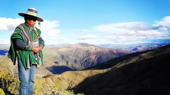 A Bolivian Indigenous person stands on a mountainside.