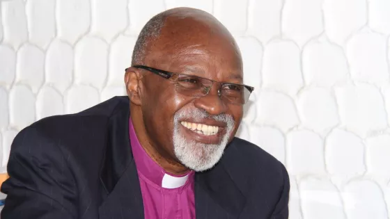 A man wearing a suit and bishop's collar smiles and looks to the side
