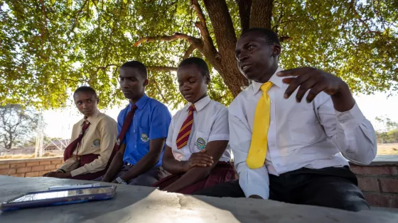 Four students from Zimbabwe sit in front of a large tree with green canopy