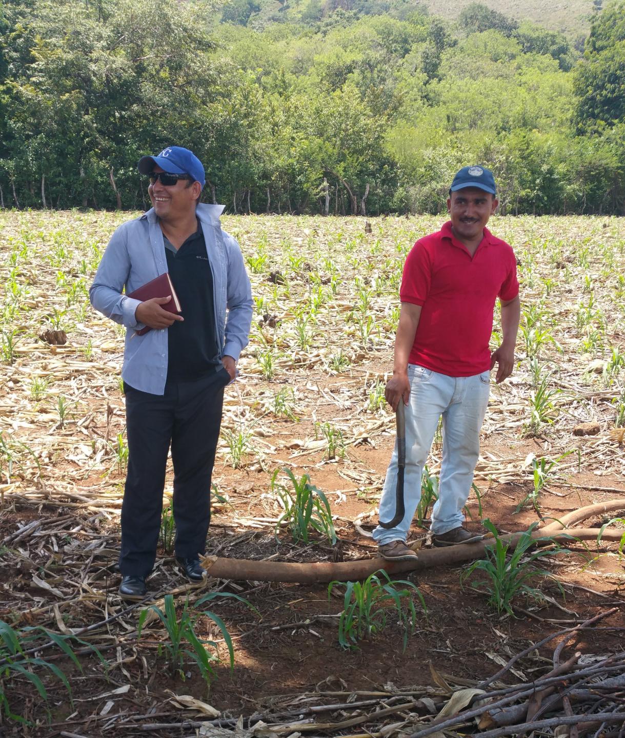 Two Honduran men stand in a field