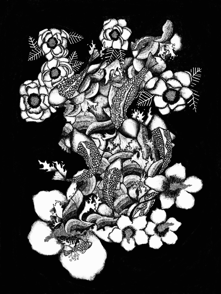 Black and white illustration of flowers in the shape of the Korean peninsula