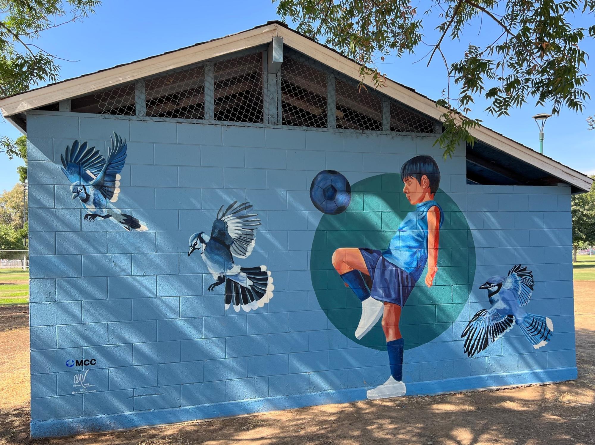 A mural of a child playing soccer. There are also birds taking flight.