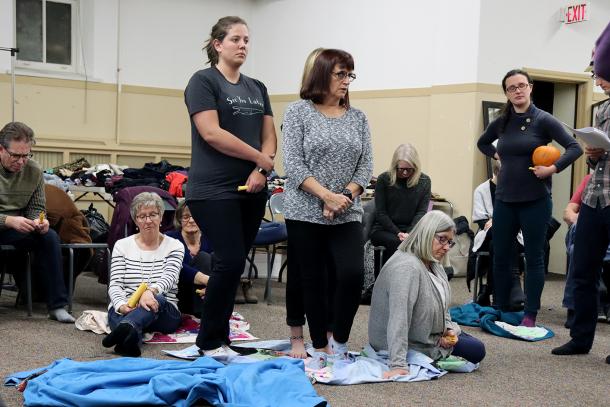 At the end of the Blanket Exercise, Chelsey Hiebert (left) and Margot Sim were one of the few participants left standing.