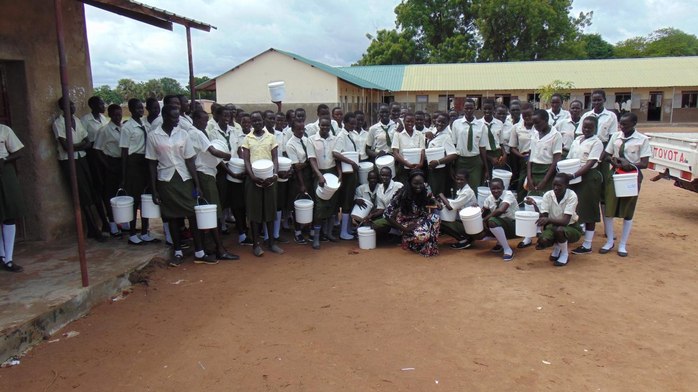 Students at the Bishop Mazzolari Secondary School, near Rumbek, South Sudan, all received dignity kits—MCC's newest resource kit.