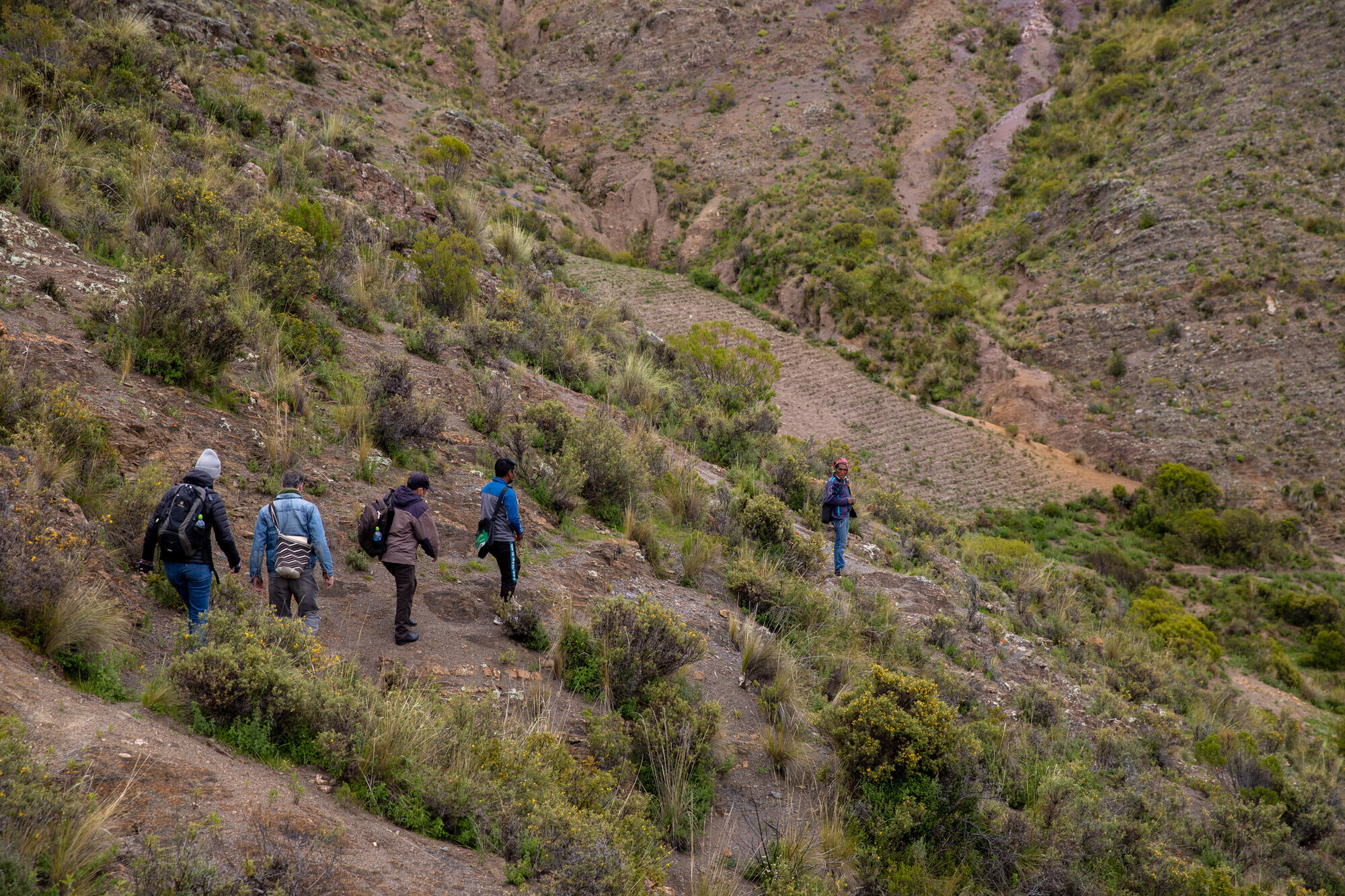 A group of five people walk through the mountainside terrain in Bolivia.