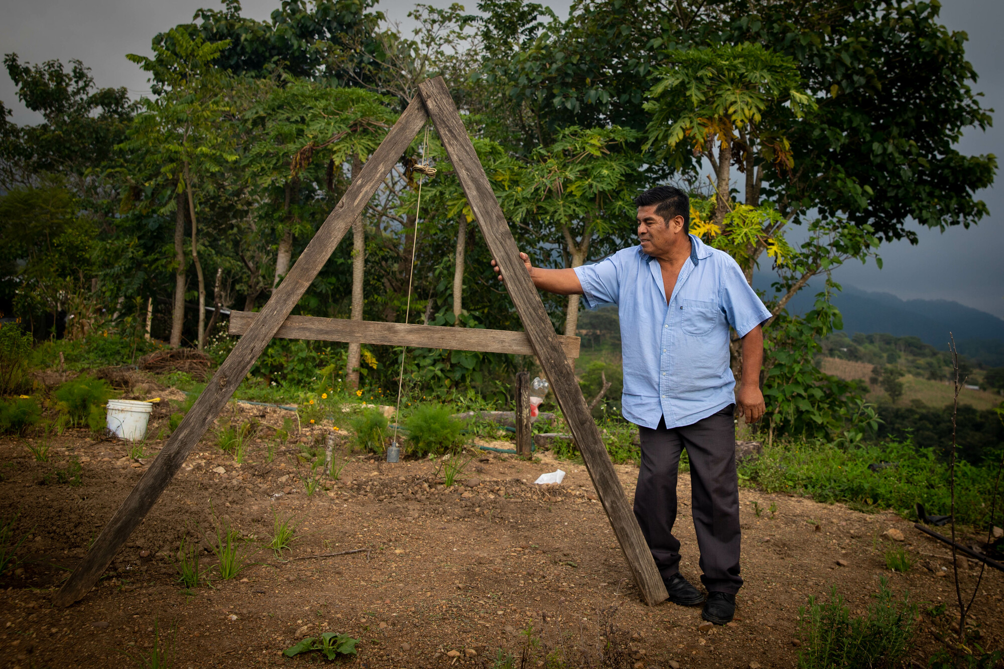 A Mexican man leans againist a wood frame in his garden