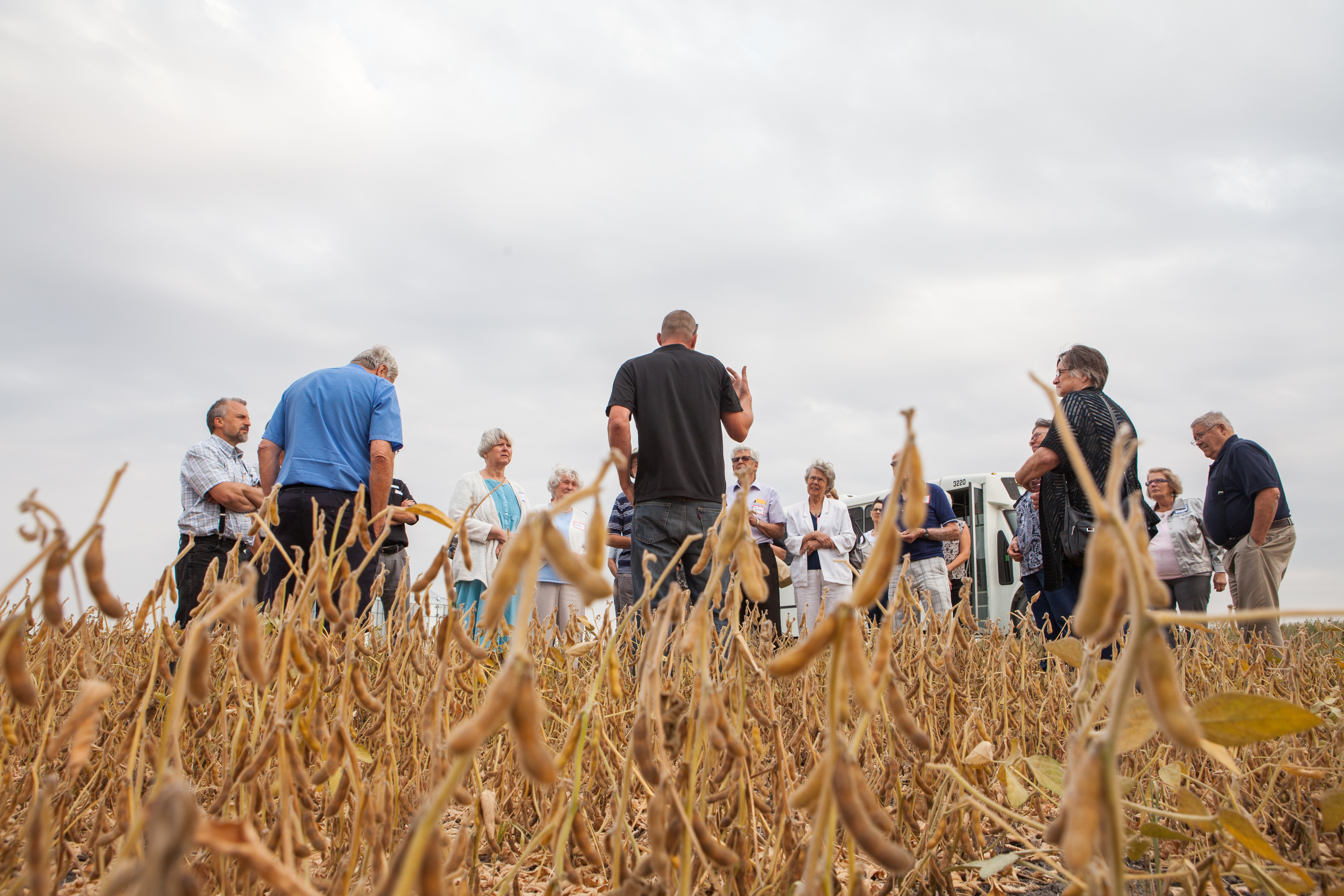 Grow Hope farmer Grant Dyck (black golf shirt) discusses a soybean crop with guests at the harvest celebration held at Crystal Spring Hutterite Colony.