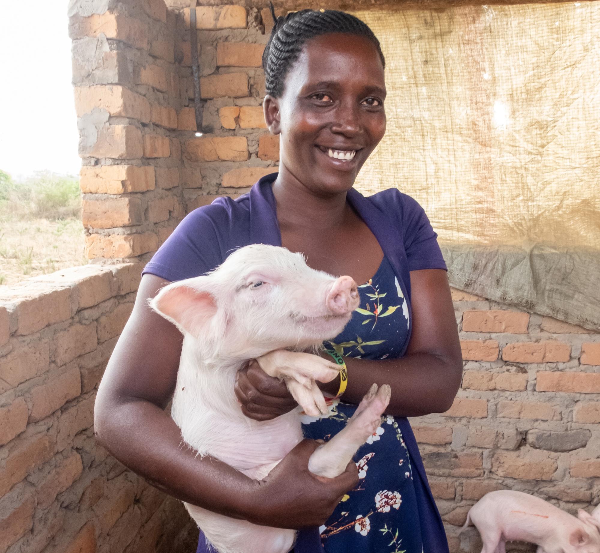 A Ugandan woman holding a pig