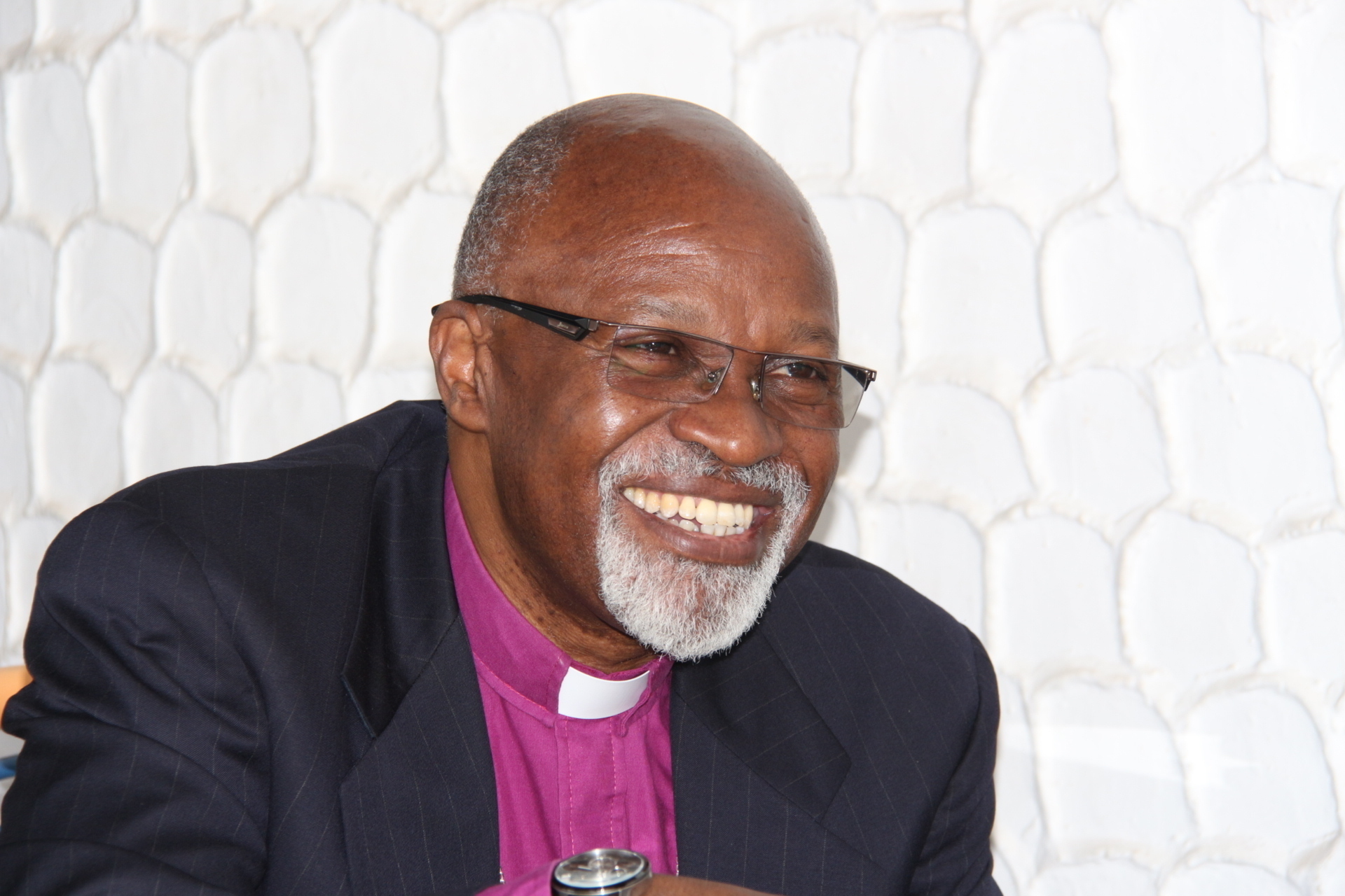 A man wearing a suit and bishop's collar smiles and looks to the side
