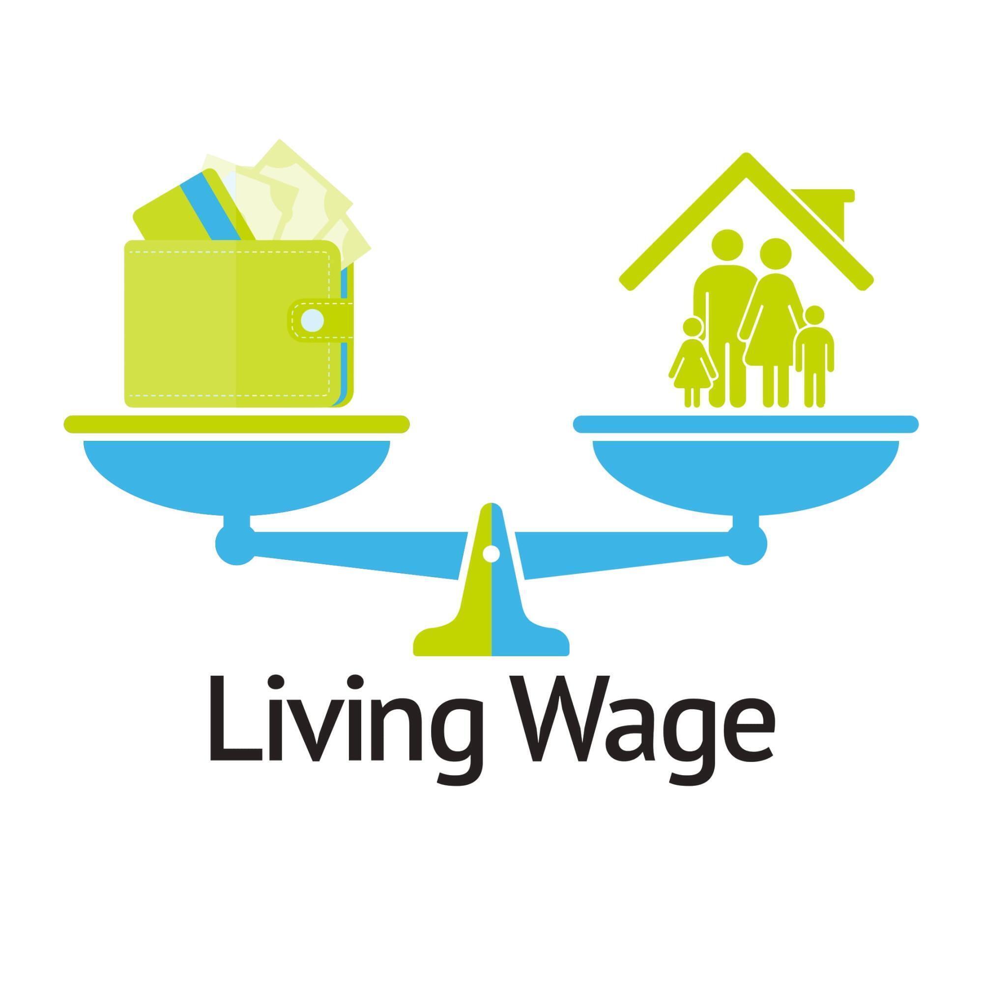 An illustration of scales with a wallet on one side and a family under a roof on the other. Underneath the scale it says, "Living wage"