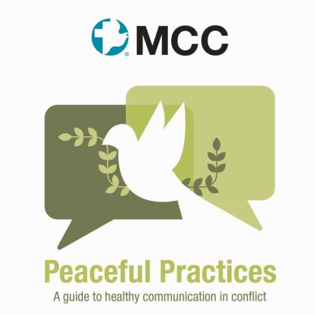 An illustration of a dove flying with a plant in its beak. There are two green dialogue boxes behind it. The text on the image reads, " Peaceful practices. A guide to healthy conversations in conflict."