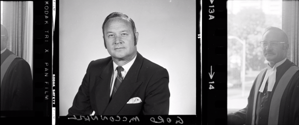 A black and white photo from the 1970s of a man in a suit and the same man in judges robes