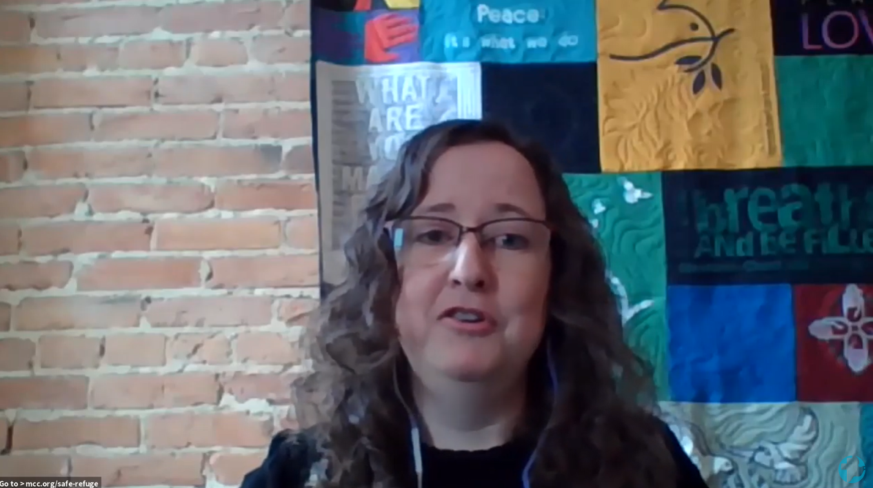 A woman with brown curly hair and glasses speaks during a zoom webinar
