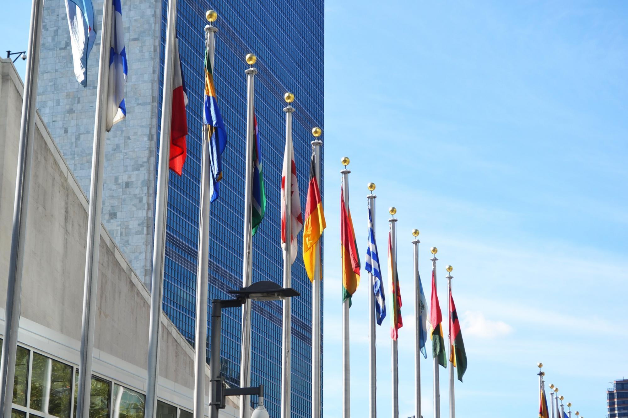 Flags in front of the United Nations building in New York