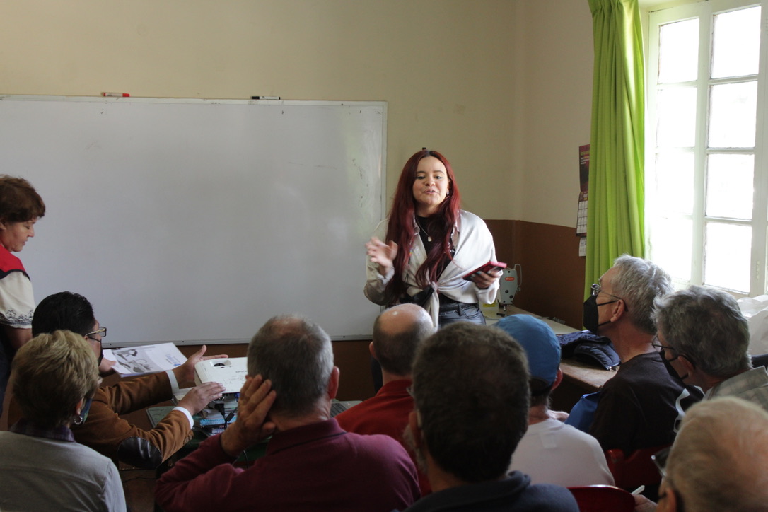 A young woman speaks a room full of adults