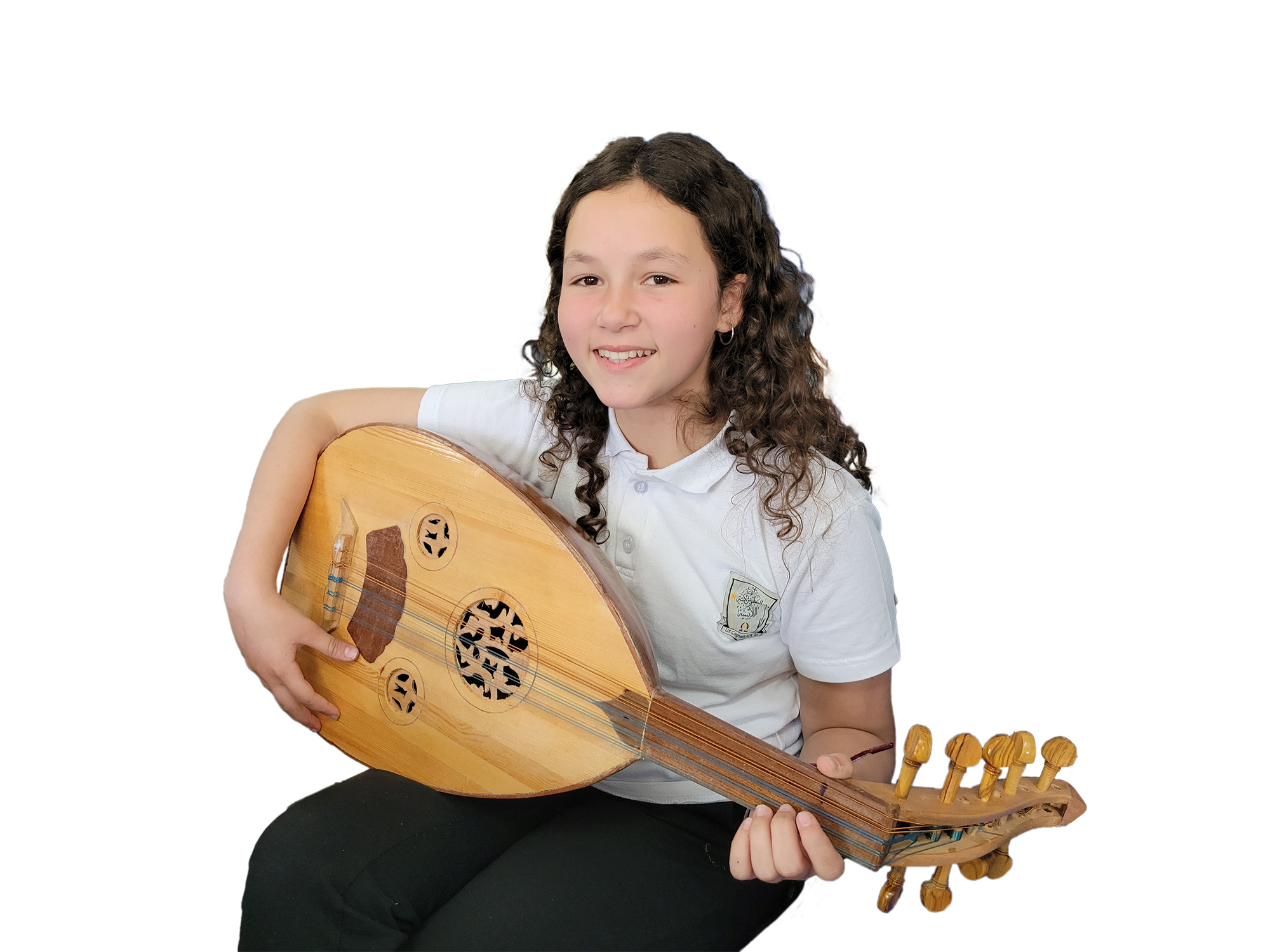 Girl from Palestine holding a traditional Palestinian instrument, the oud.
