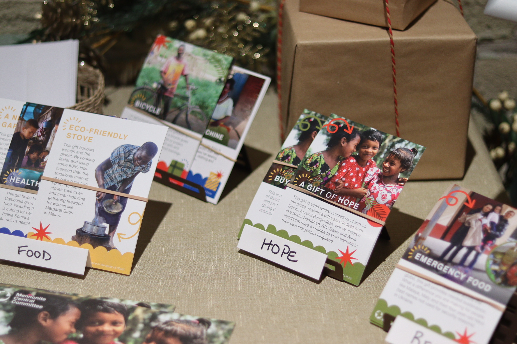 table of Christmas giving project cards