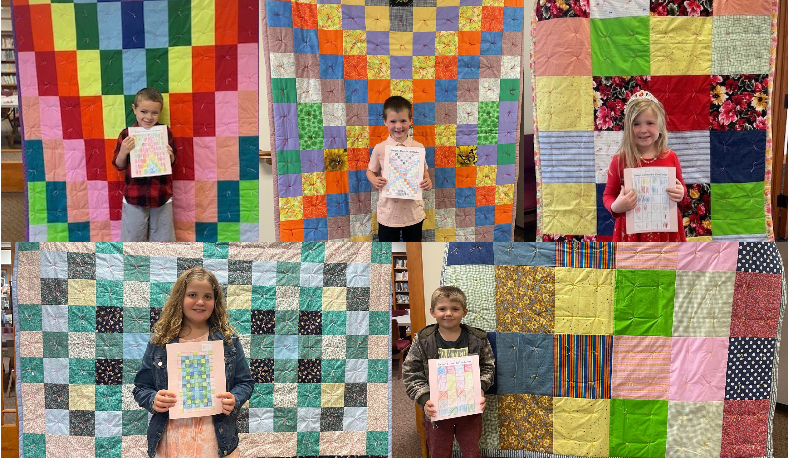 Children at Lindale Mennonite Church present their finished comforters. 