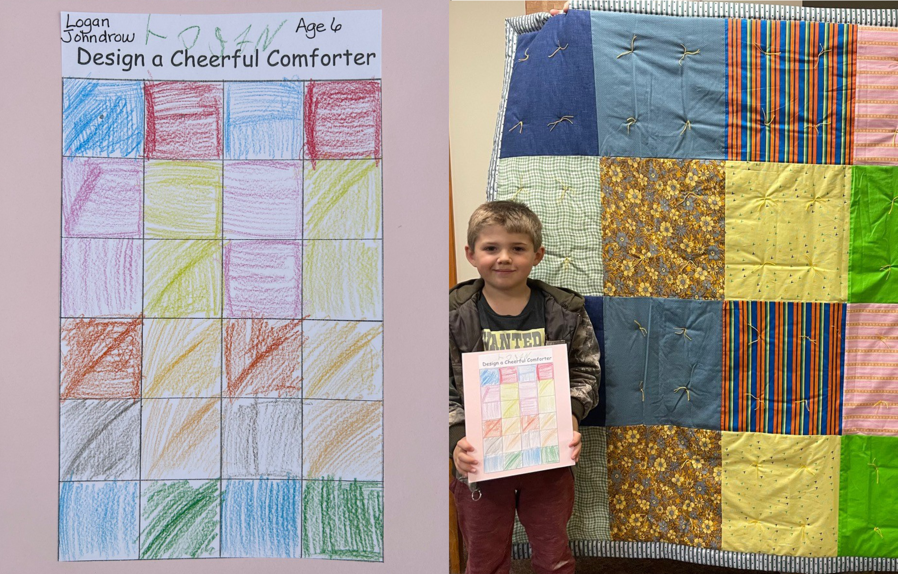 Logan presents his finished comforter. 