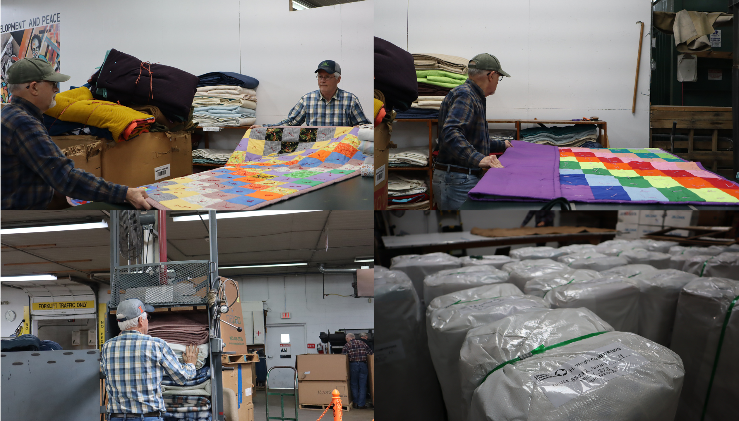 MCC East Coast Material Resources Center (Ephrata, Pennsylvania) volunteers Harold Thomas and Don Siegrist fold and bale the comforters from Lindale Mennonite Church. 