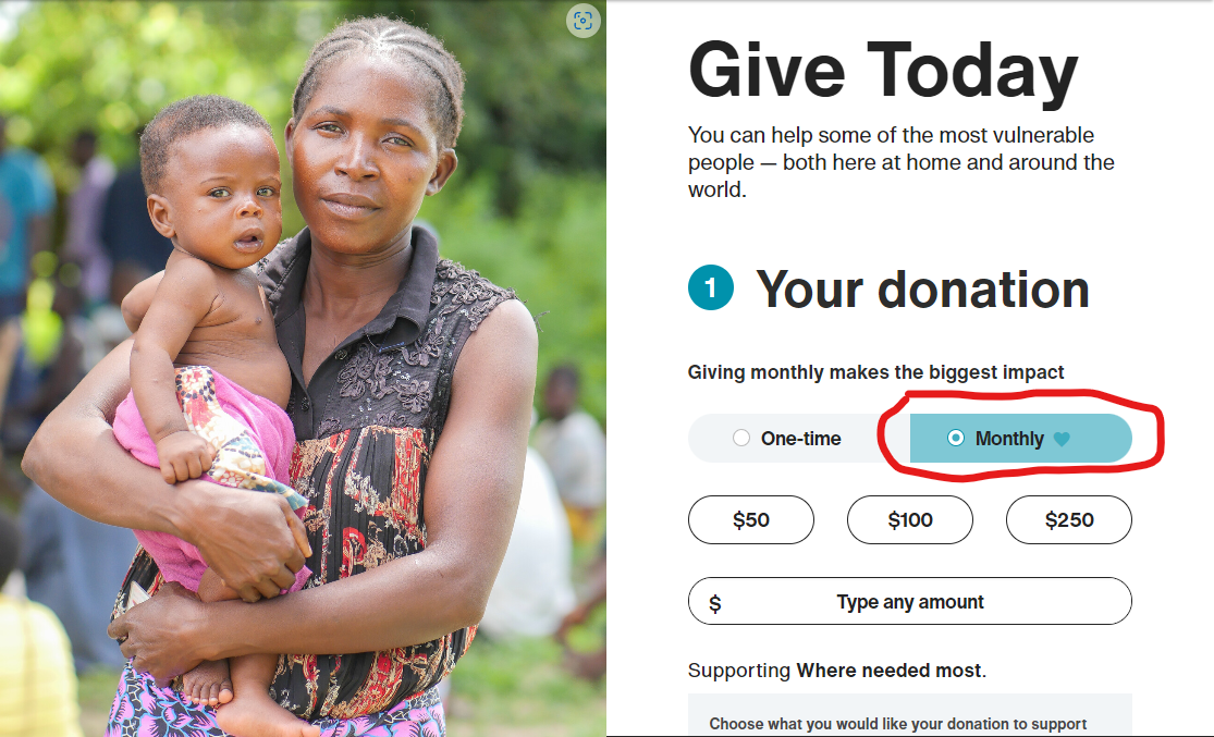 A screenshot of the Donate check out page with monthly giving highlighted.
