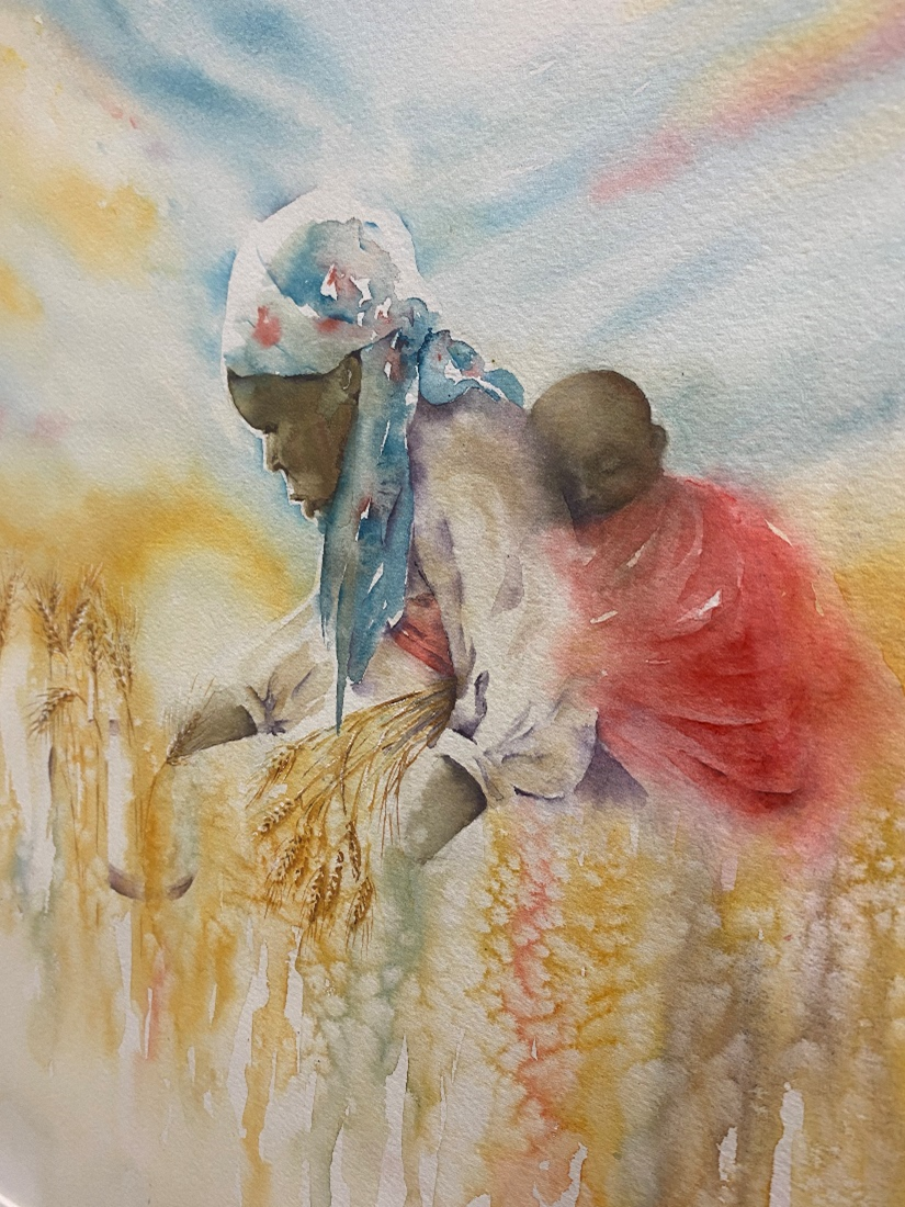 a water colour painting of a mother farming while carrying her child on her back