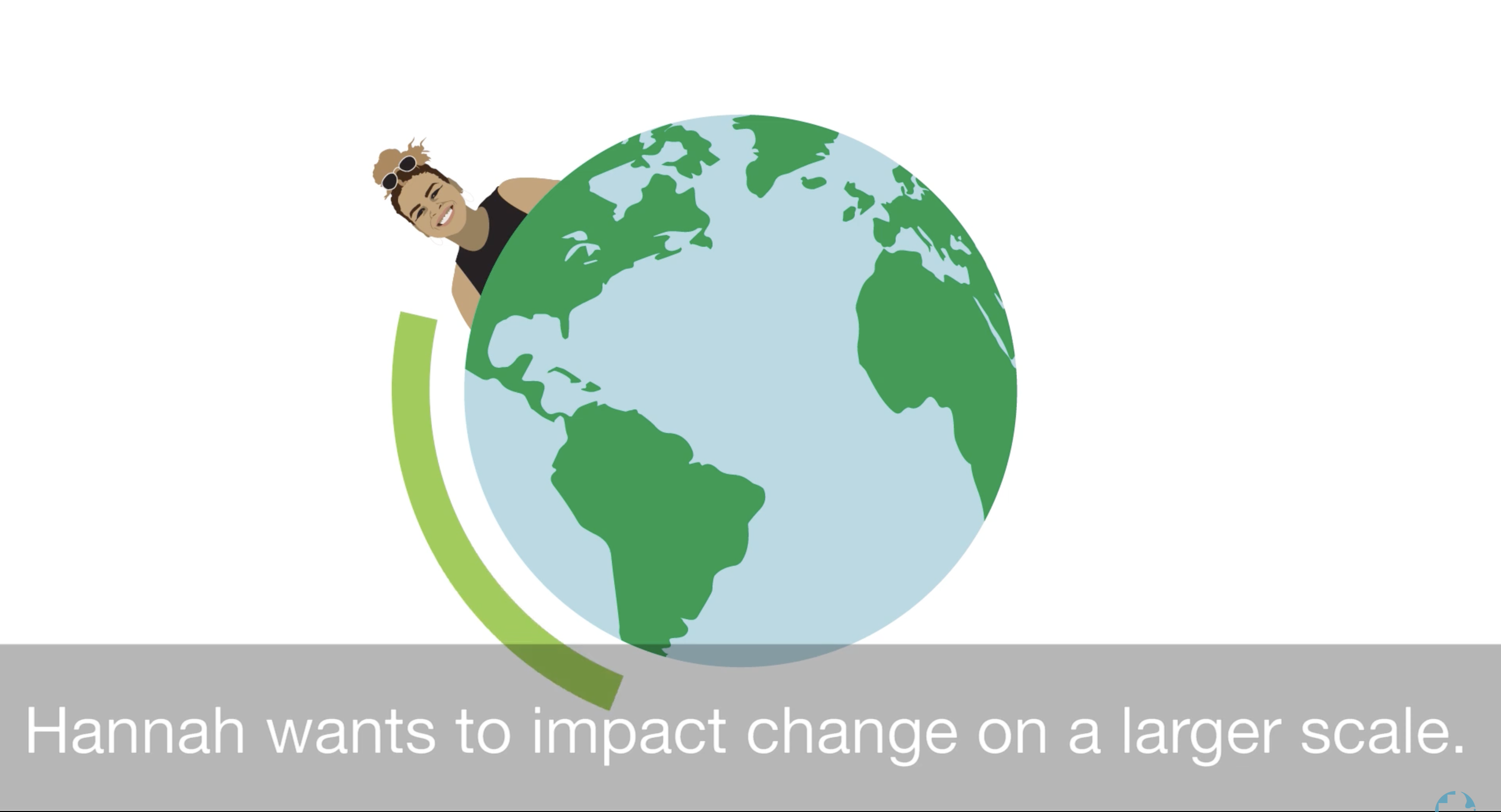 A screenshot of an MCC video that has a young woman's face over top of a globe. The caption reads "Hannah wants to impact change on a larger scale."