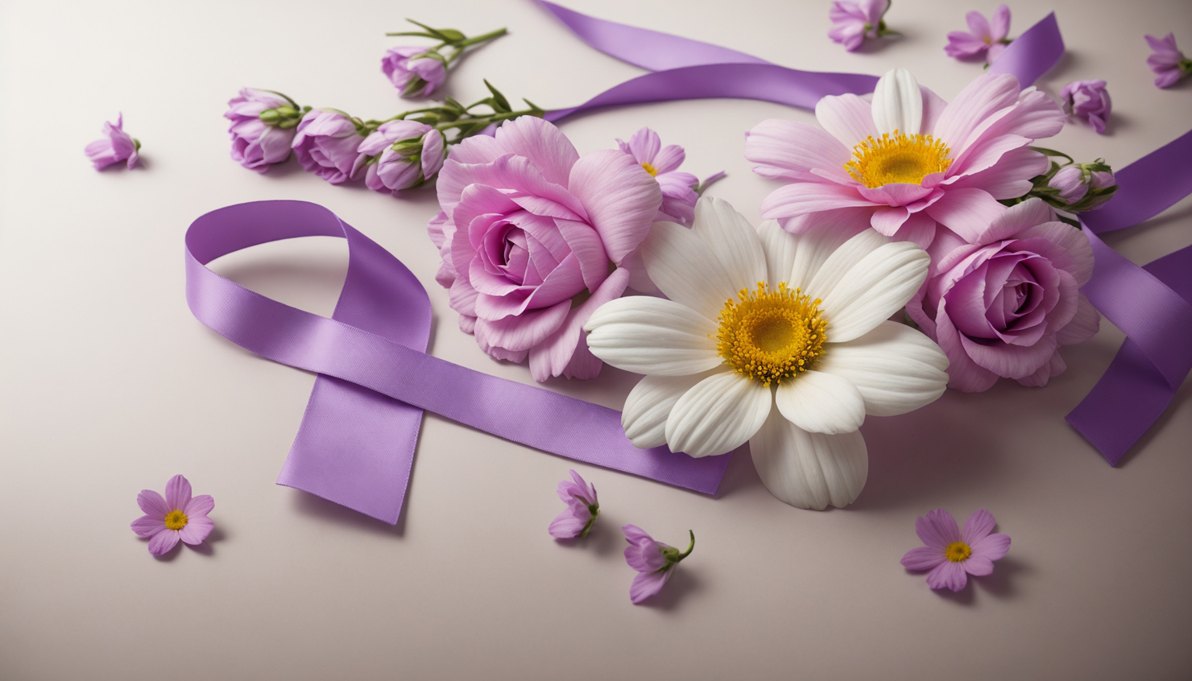 a purple domestic abuse awareness ribbon next to some flowers