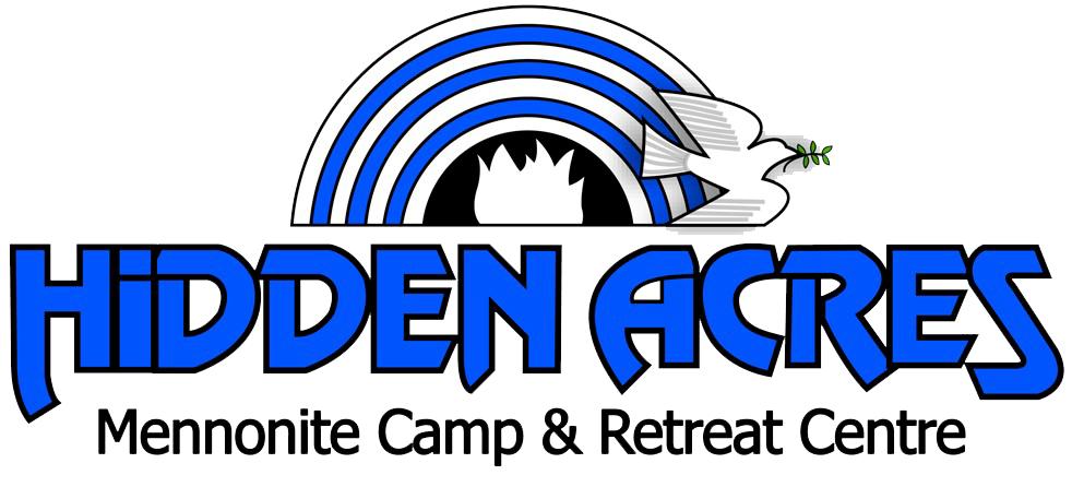 A logo for Hidden Acres camp which has blue lettering, a dove and a campfire silhouette.