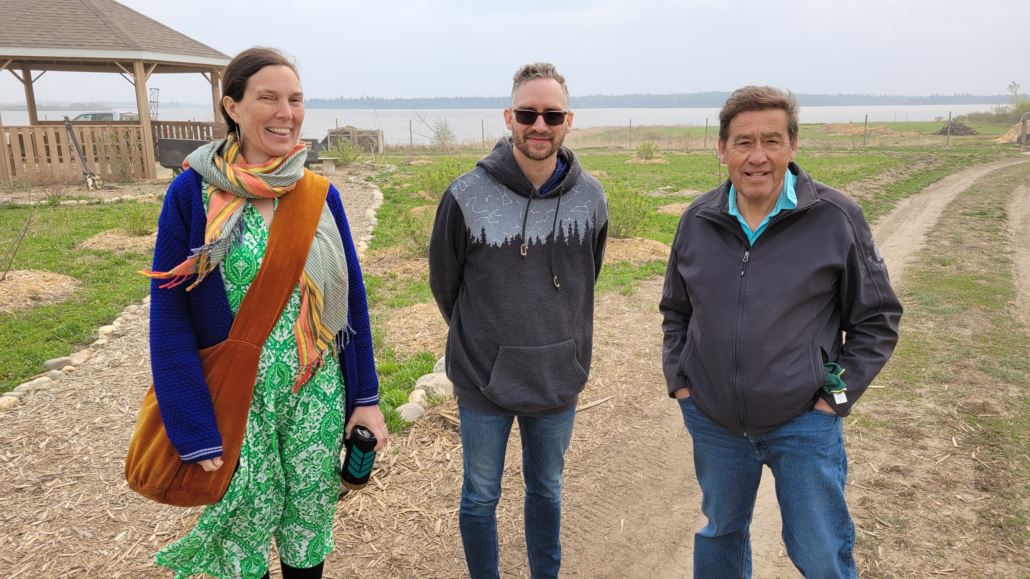 Ruth Plett (left), MCC Canada senior director of equity and domestic programming, and Zacharie Leclair (middle), MCC Quebec regional representative, met with Harry Lafond (right) from Muskeg Lake Cree Nation to learn how the Cree community is developing expertise in forest horticulture. (Photo by Randy Klassen)