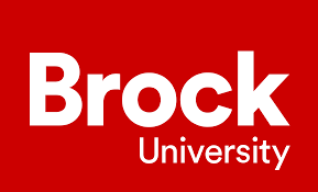 A logo with the words Brock University in white against a red background.