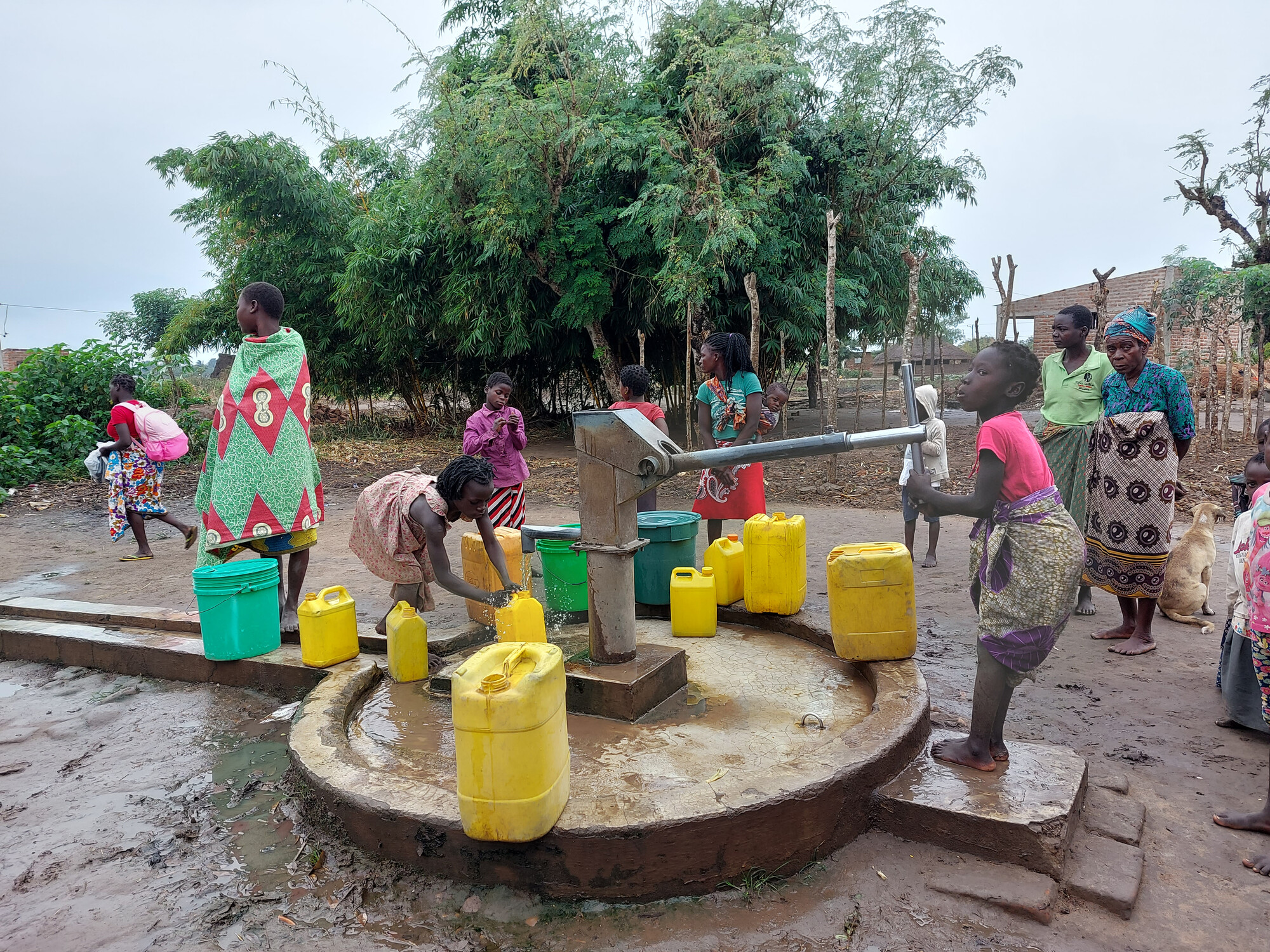 Group of kids around a well.