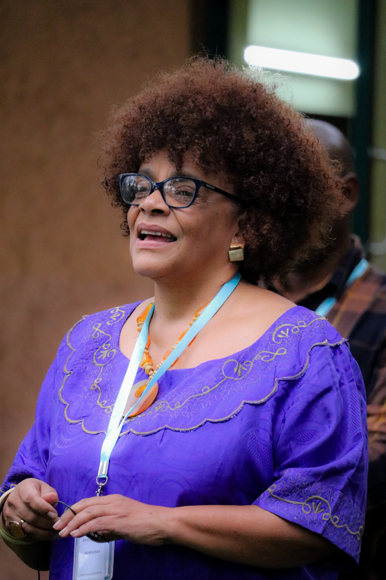 Woman wearing purple dress