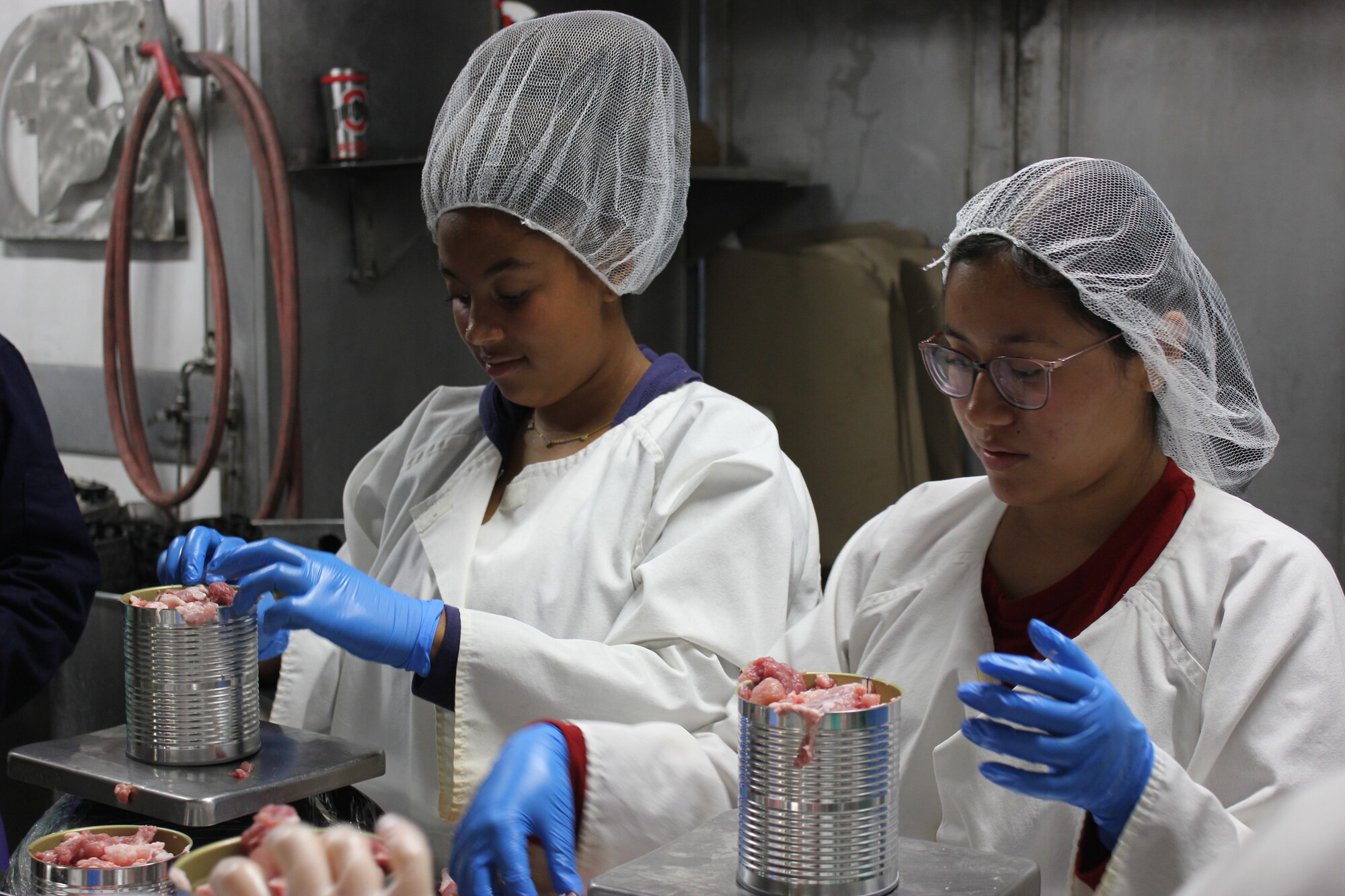 two teenage girls wearing white coats and hair nets weigh meat in tin cans