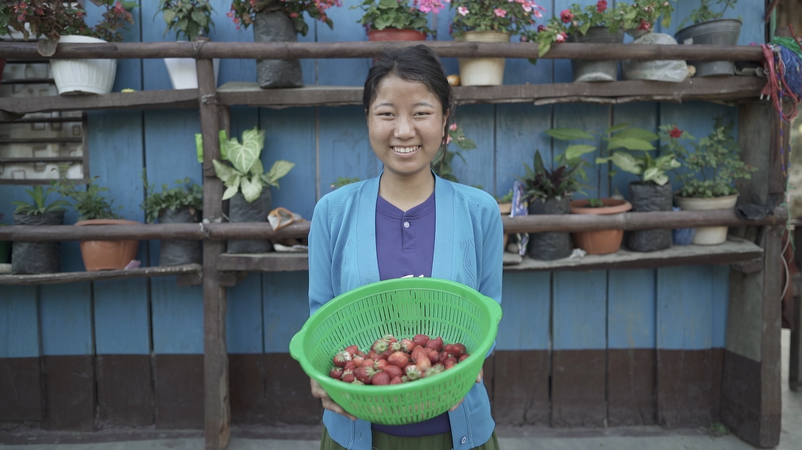 girl holding a bowl of strawberries