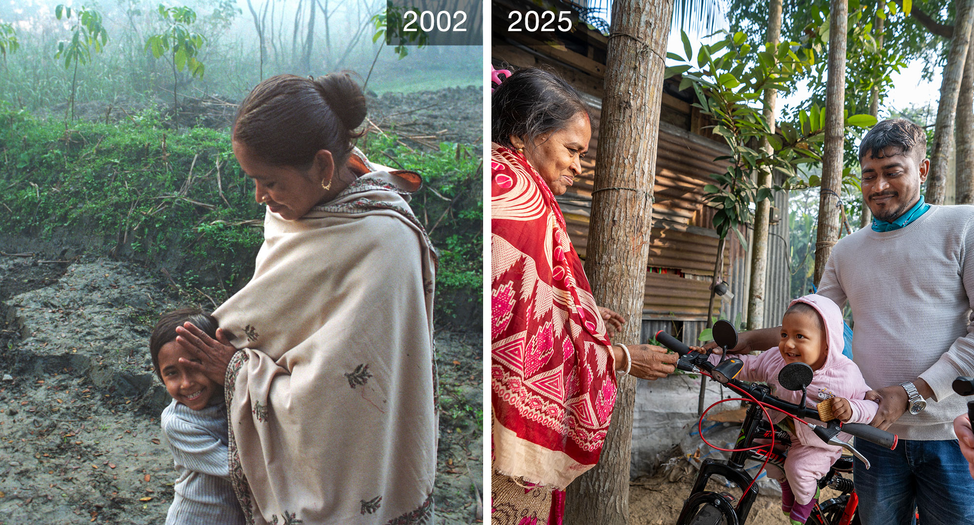 Two photos: On the left, the date is 2002 and a woman stands in a field looking affectionately at her daughter. On the right, the date is 2025 and the same woman is looking at her grandson, who is on a bike, and son, smiling affectionately.