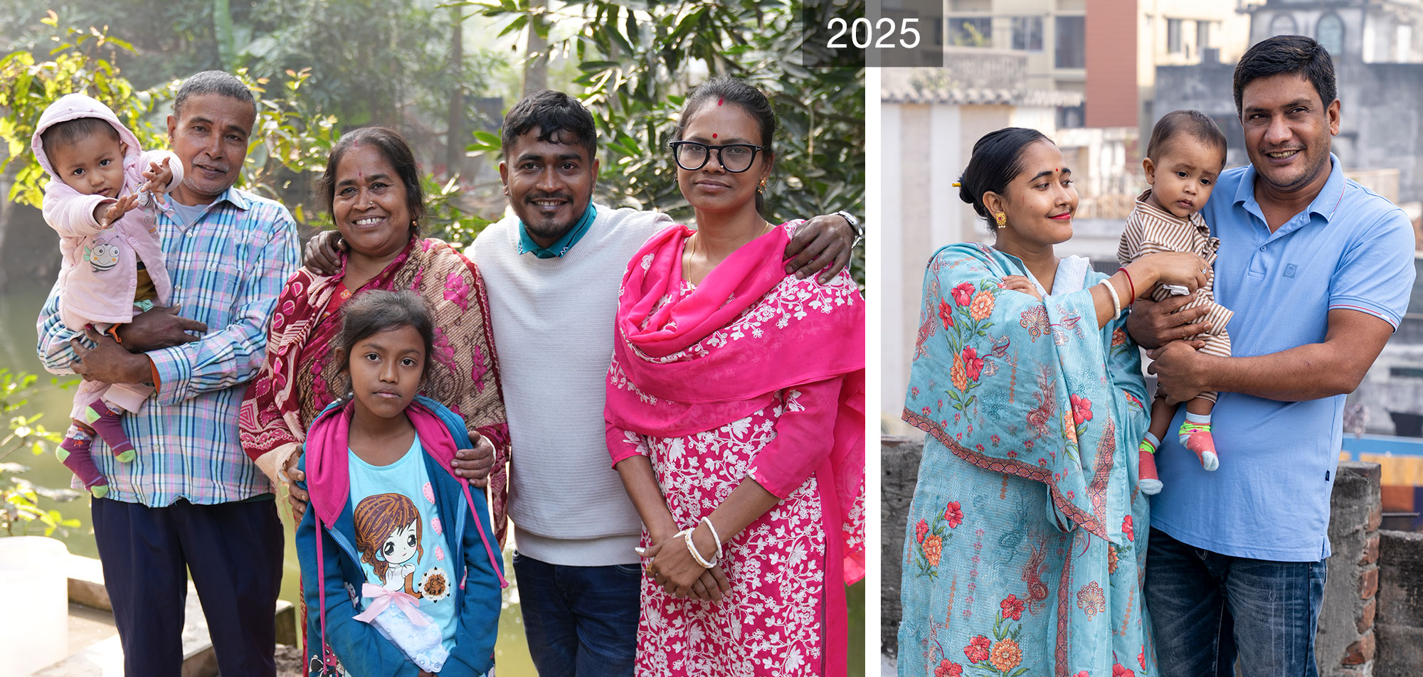 A collage of two images with the left showing showing two grandparents, their son, daughter in law and two kids. The right shows two parents holding a baby.