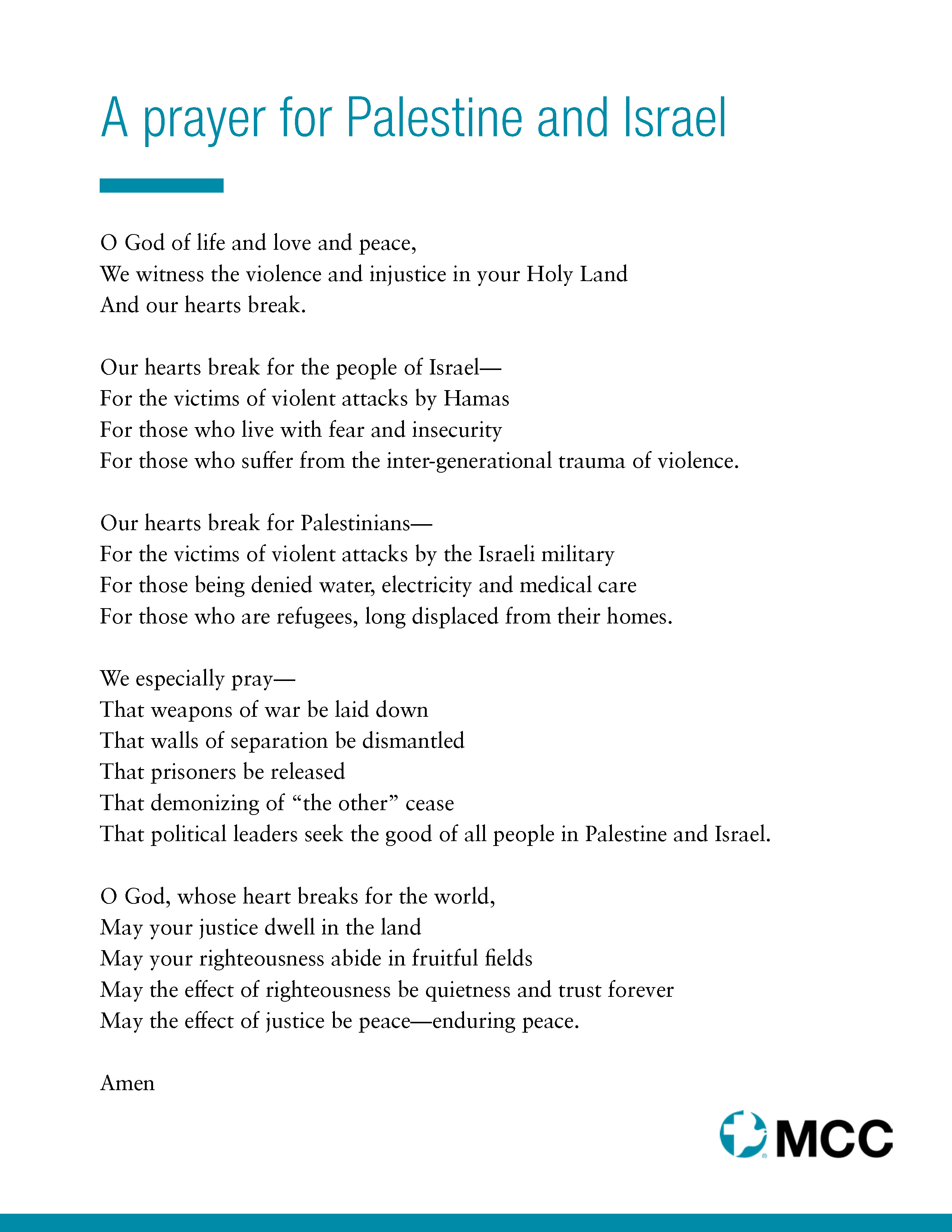 Text showing a prayer for Palestine and Israel