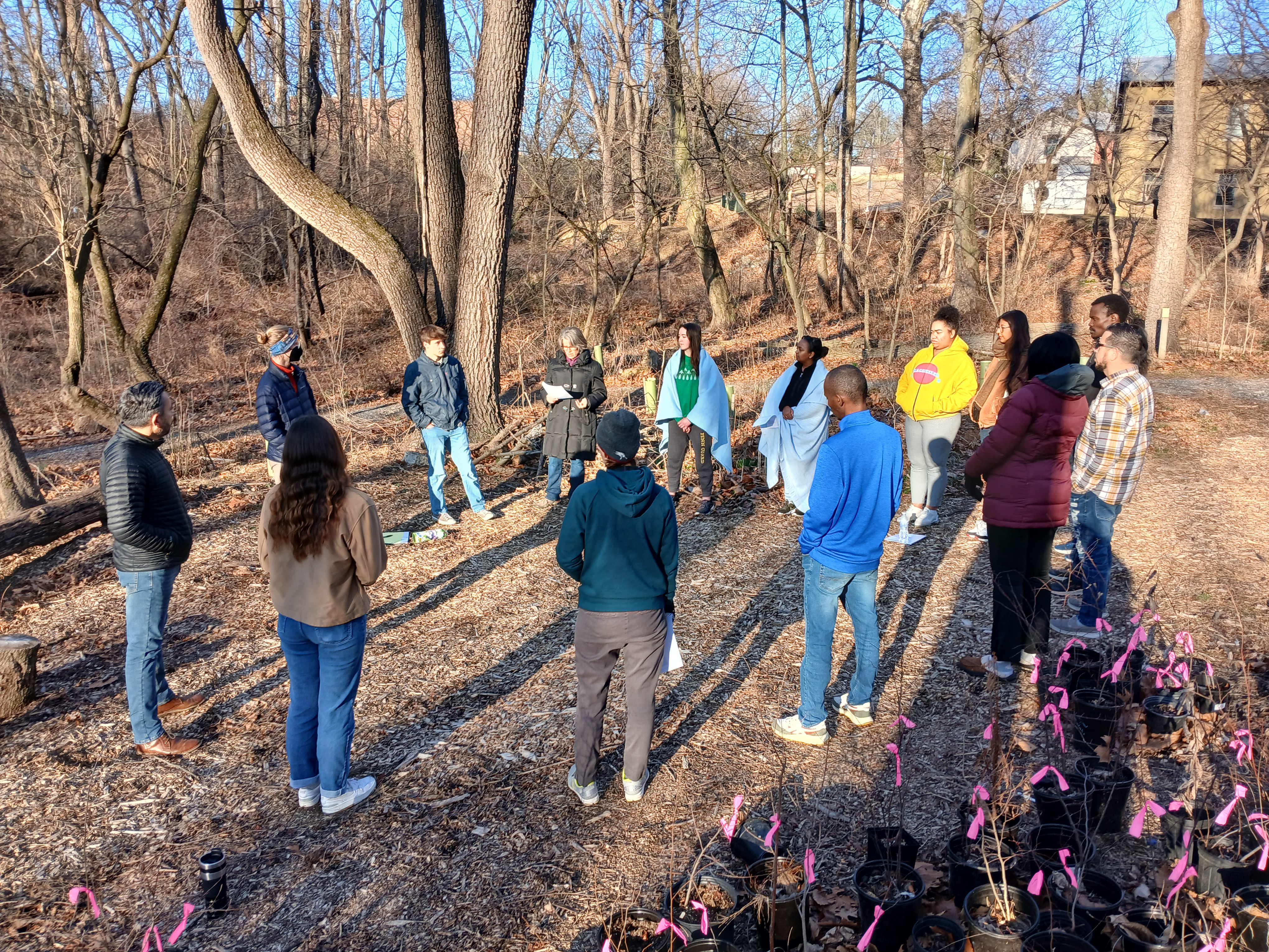 A group of young adults stand in a circle in the woods of Akron.