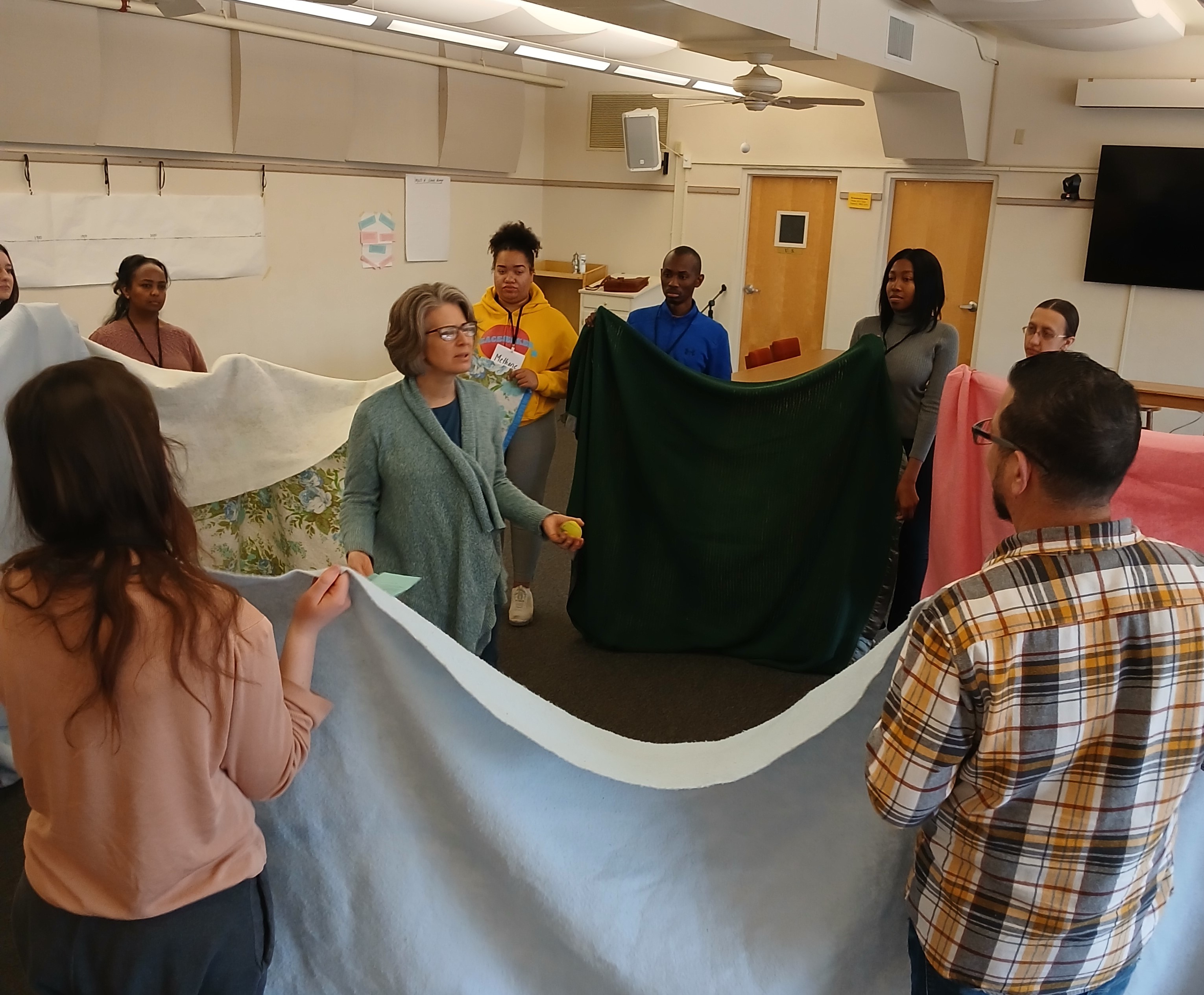 Group of young adults engaging in greenhouse gas simulation