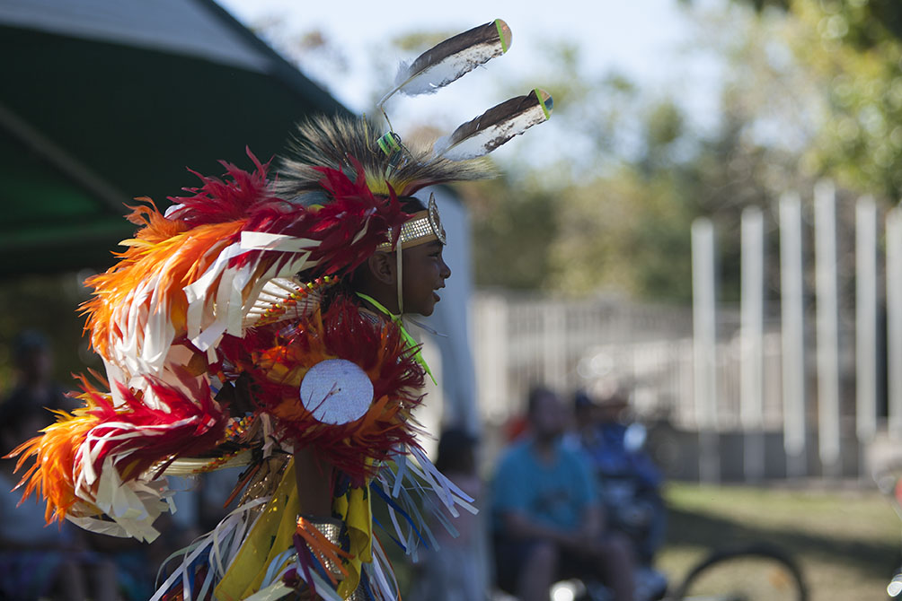 A young boy in traditional First Nations regalia dances at the 2024 We Are All Treaty People celebration in Winnipeg
