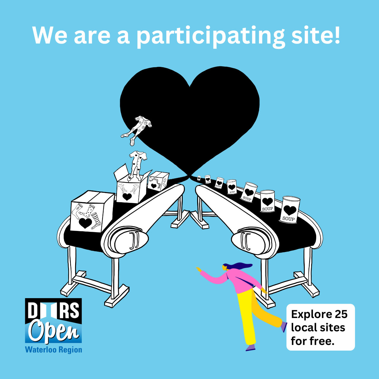 An illustration of conveyor belts with a heart in the top center and the words "We are a participating site!"