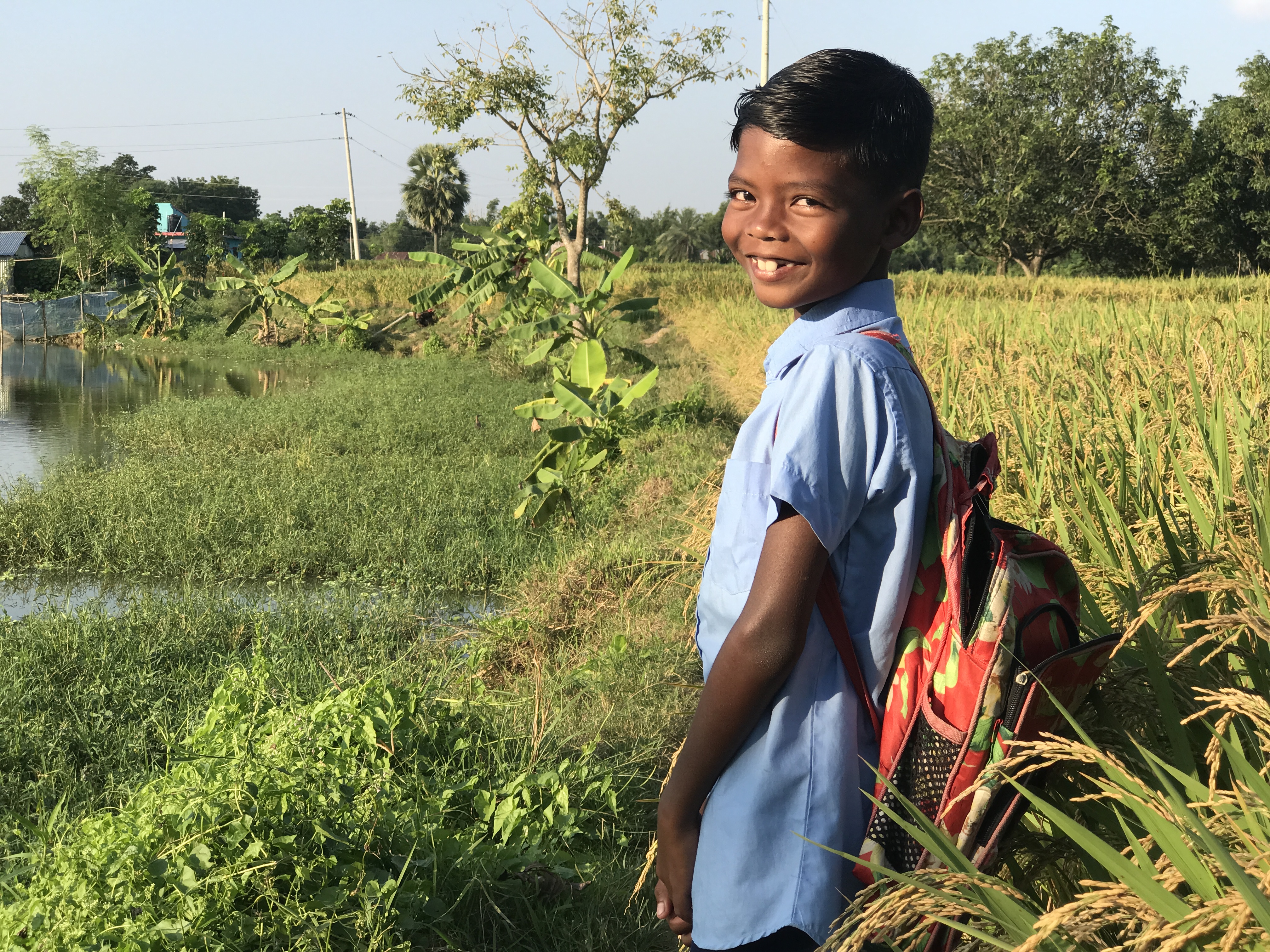 Raj Hasda, a primary student in Bangladesh, stands in a field as he makes his way to school in the morning. 